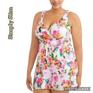 Simply Slim swimdress 1 pc tummy control colorful floral attached bottom sz 1x